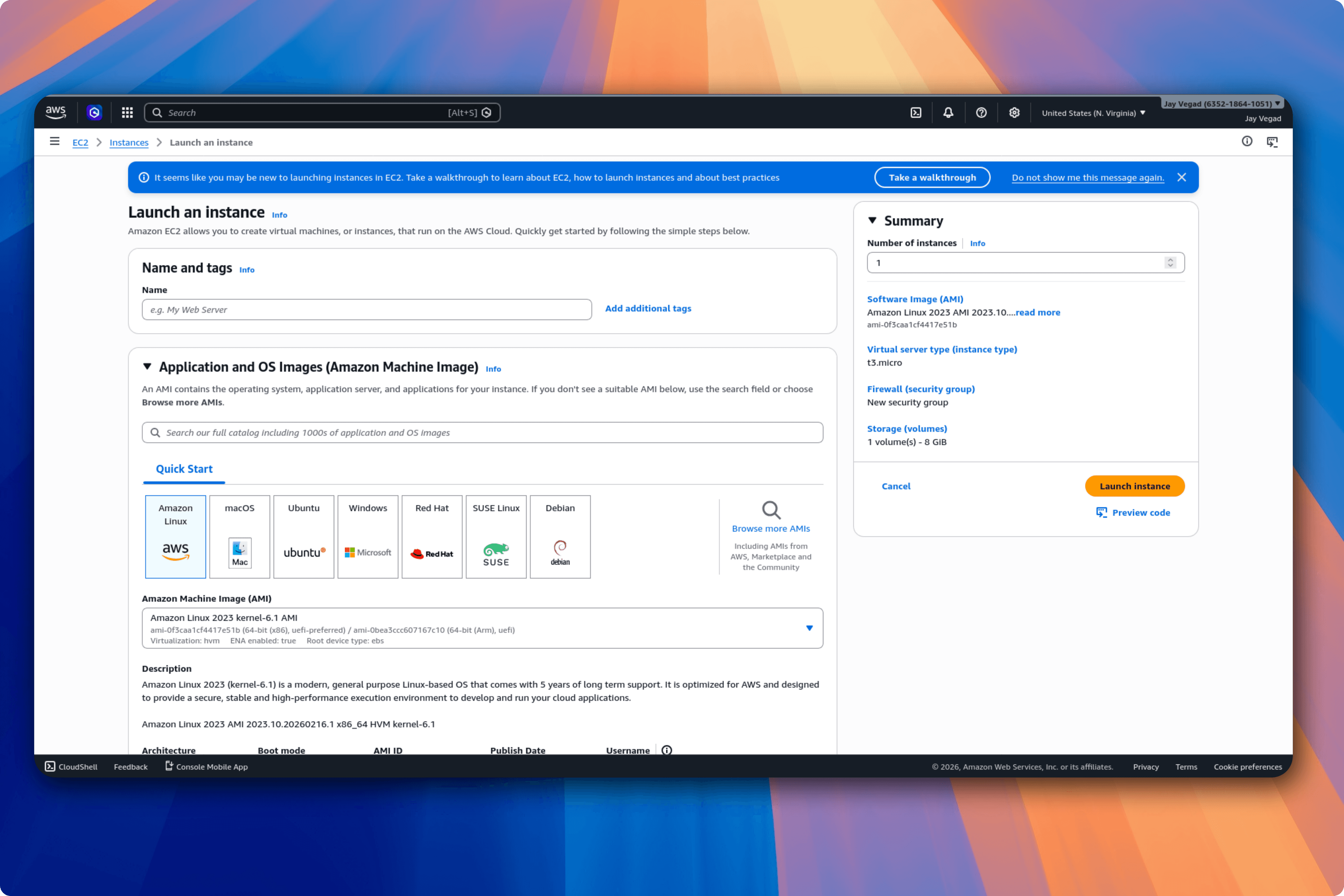 EC2 instance launch dashboard first section