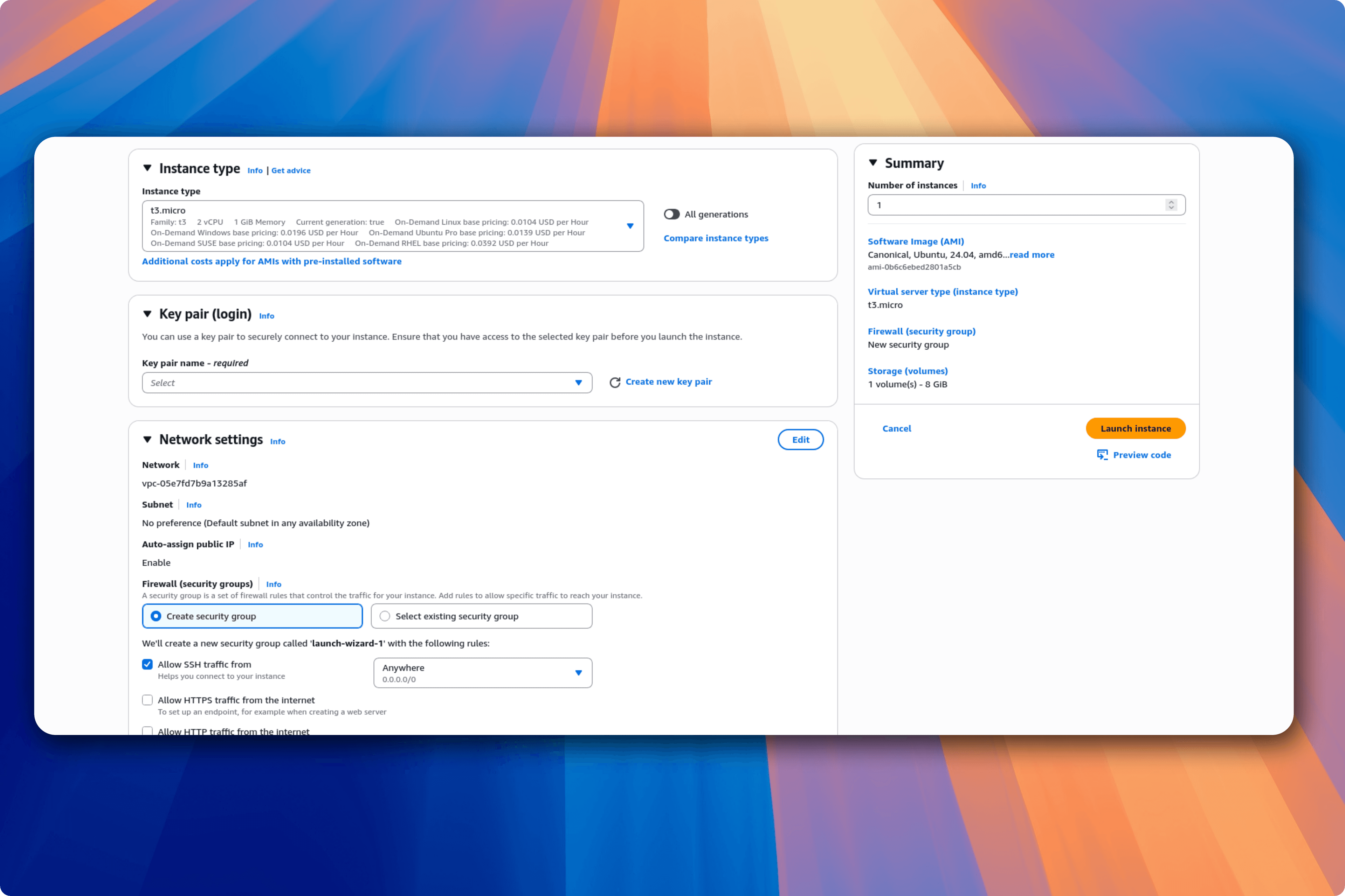 EC2 instance launch dashboard second section