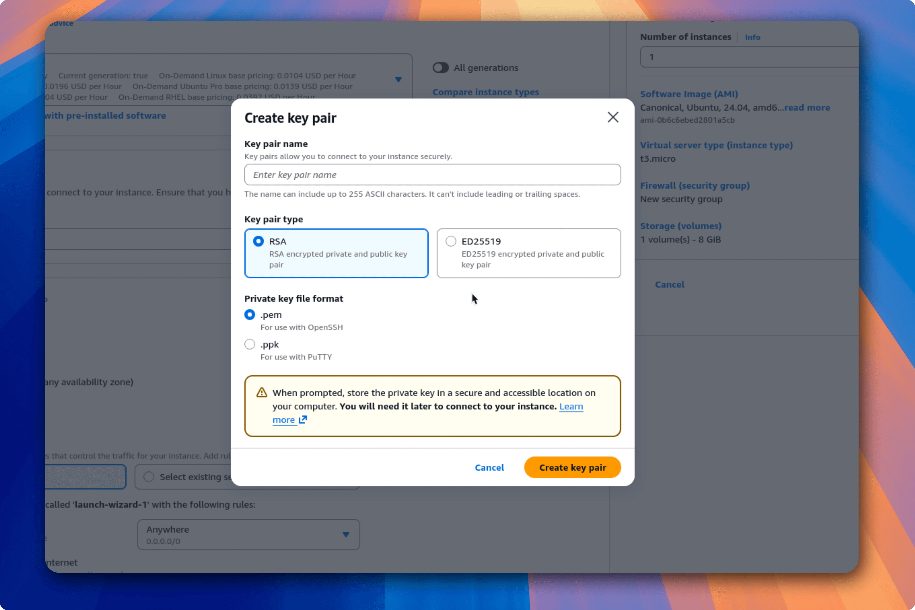EC2 key pair selection section