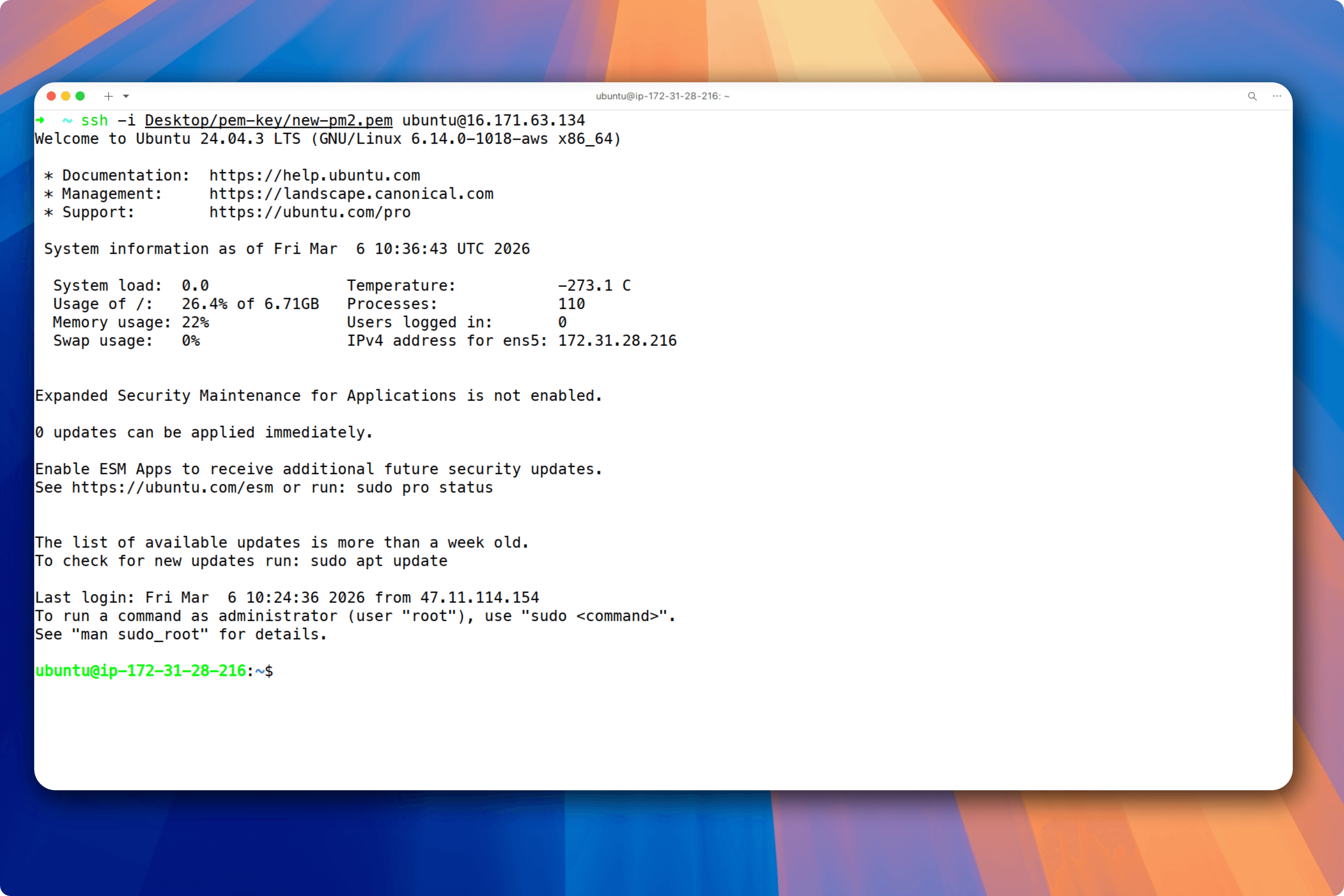 Terminal connected to EC2 instance using SSH