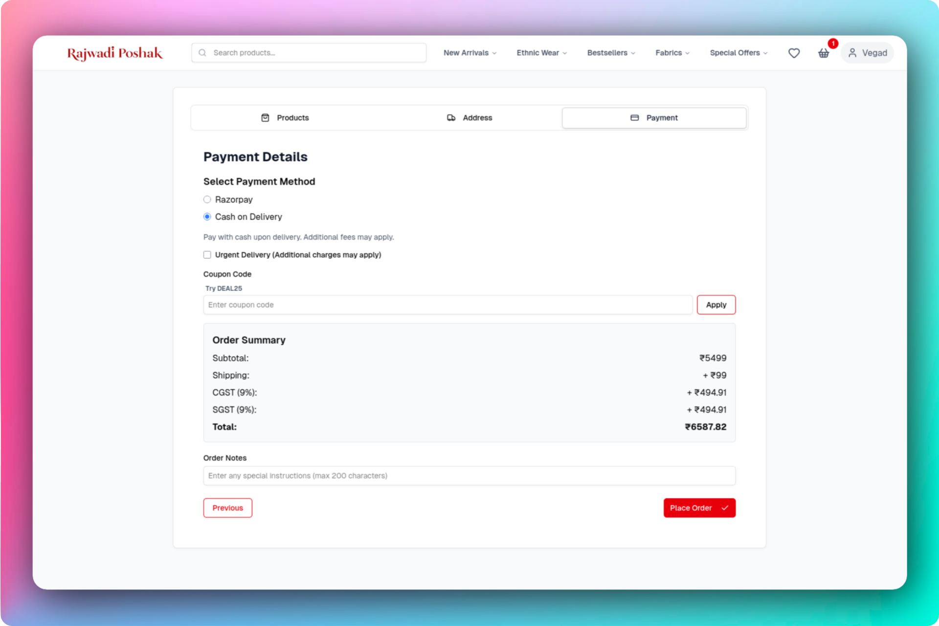Rajwadi Poshak Razorpay payment